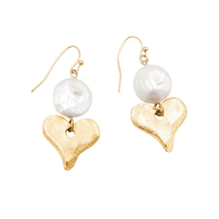 Freshwater Pearl Dangle Earrings With Gold Plated Hammered Hearts