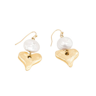 Freshwater Pearl Dangle Earrings With Gold Plated Hammered Hearts