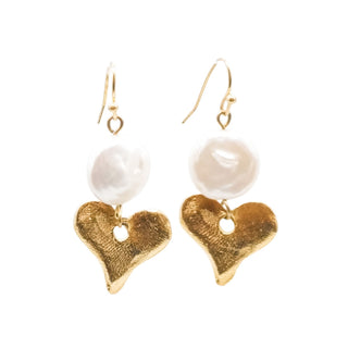 Freshwater Pearl Dangle Earrings With Gold Plated Hammered Hearts