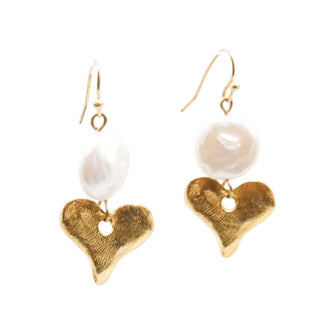 Freshwater Pearl Dangle Earrings With Gold Plated Hammered Hearts