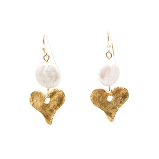 Freshwater Pearl Dangle Earrings With Gold Plated Hammered Hearts