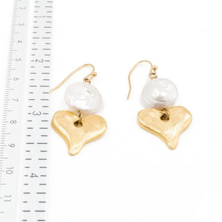 Freshwater Pearl Dangle Earrings With Gold Plated Hammered Hearts