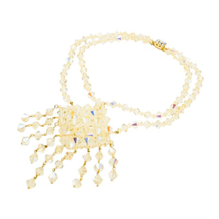 Vintage Austrian Crystal AB Bib Necklace Couture Yellow Faceted Fringe 16 Inches