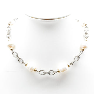 Sterling Silver Baroque Pearl 16 Inch Necklace With Gold Plated Accents