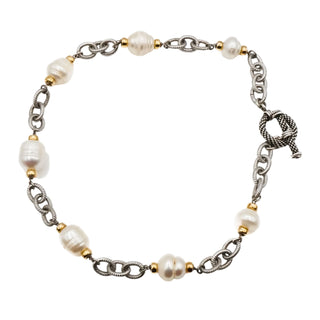 Sterling Silver Baroque Pearl 16 Inch Necklace With Gold Plated Accents