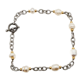 Sterling Silver Baroque Pearl 16 Inch Necklace With Gold Plated Accents