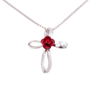 Sterling Silver Red Rose Cross Pendant 16 Inch Necklace Christian Jewelry
