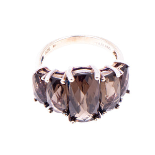 Smoky Quartz Five Stone Statement Ring Fine Silver Size 7