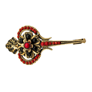 Vintage Signed di S.G. Italian Gold Plated Floral Brooch Red Black Beads