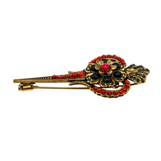 Vintage Signed di S.G. Italian Gold Plated Floral Brooch Red Black Beads