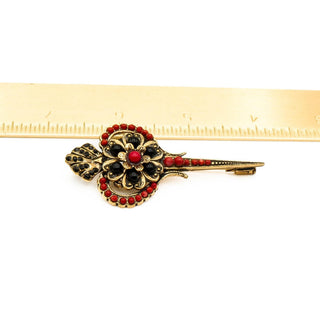 Vintage Signed di S.G. Italian Gold Plated Floral Brooch Red Black Beads