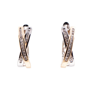 14K Two-Tone Gold Diamond 3/4 Inch Crisscross Huggie Hoop Earrings