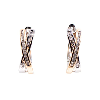 14K Two-Tone Gold Diamond 3/4 Inch Crisscross Huggie Hoop Earrings