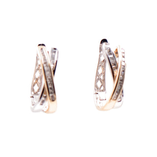 14K Two-Tone Gold Diamond 3/4 Inch Crisscross Huggie Hoop Earrings