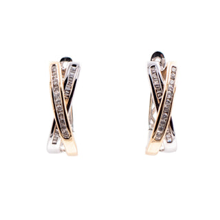 14K Two-Tone Gold Diamond 3/4 Inch Crisscross Huggie Hoop Earrings