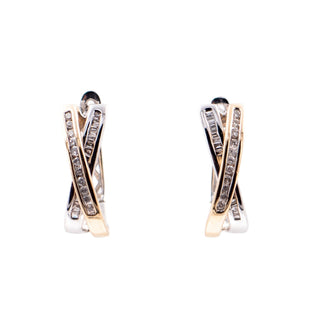 14K Two-Tone Gold Diamond 3/4 Inch Crisscross Huggie Hoop Earrings