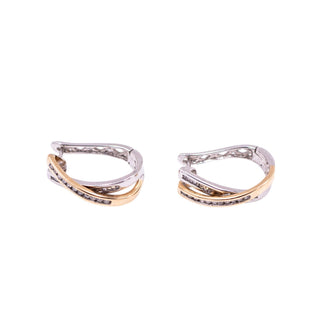 14K Two-Tone Gold Diamond 3/4 Inch Crisscross Huggie Hoop Earrings