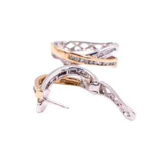 14K Two-Tone Gold Diamond 3/4 Inch Crisscross Huggie Hoop Earrings