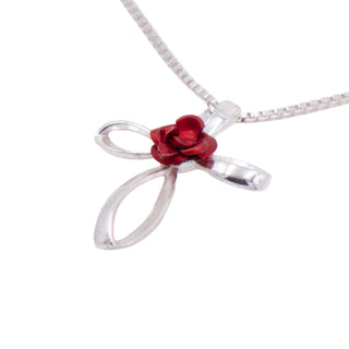 Sterling Silver Red Rose Cross Pendant 16 Inch Necklace Christian Jewelry