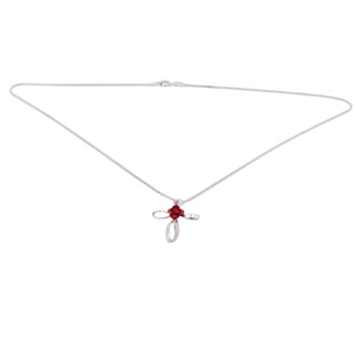 Sterling Silver Red Rose Cross Pendant 16 Inch Necklace Christian Jewelry