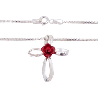 Sterling Silver Red Rose Cross Pendant 16 Inch Necklace Christian Jewelry