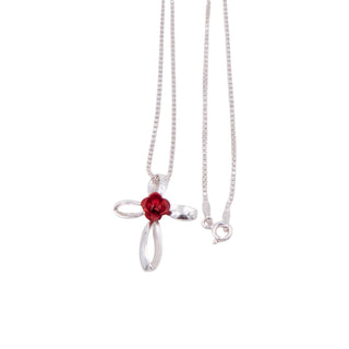 Sterling Silver Red Rose Cross Pendant 16 Inch Necklace Christian Jewelry