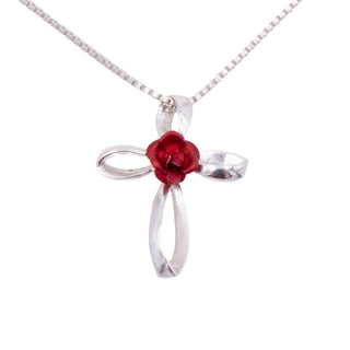 Sterling Silver Red Rose Cross Pendant 16 Inch Necklace Christian Jewelry