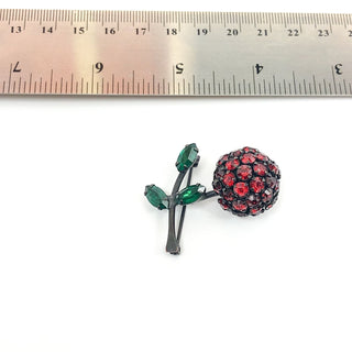 Vintage Signed Warner Cherry Brooch Pin With Red And Green Rhinestones