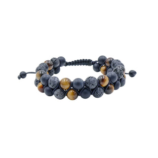 Tiger's Eye Black Onyx Lava Stone 7 Inch Adjustable Beaded Bracelet