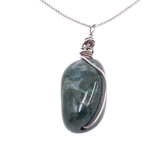 Green Moss Agate Sterling Silver Wire Wrapped 19 Inch Gemstone Pendant Necklace