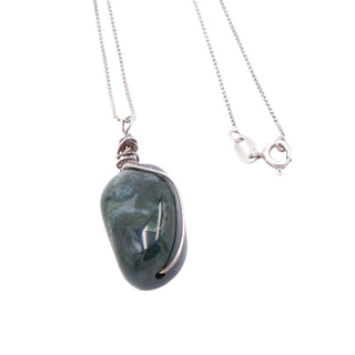 Green Moss Agate Sterling Silver Wire Wrapped 19 Inch Gemstone Pendant Necklace
