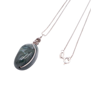 Green Moss Agate Sterling Silver Wire Wrapped 19 Inch Gemstone Pendant Necklace