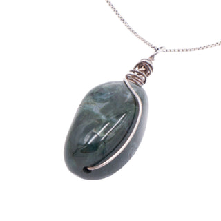 Green Moss Agate Sterling Silver Wire Wrapped 19 Inch Gemstone Pendant Necklace