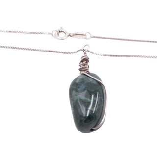 Green Moss Agate Sterling Silver Wire Wrapped 19 Inch Gemstone Pendant Necklace