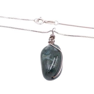 Green Moss Agate Sterling Silver Wire Wrapped 19 Inch Gemstone Pendant Necklace