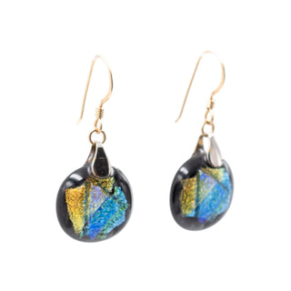 14K Yellow Gold Filled Dichroic Art Glass Dangle Earrings 1 1/2 Inch Artisan Drops