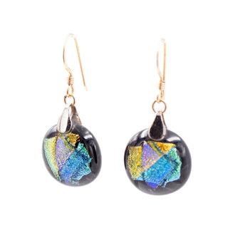 14K Yellow Gold Filled Dichroic Art Glass Dangle Earrings 1 1/2 Inch Artisan Drops
