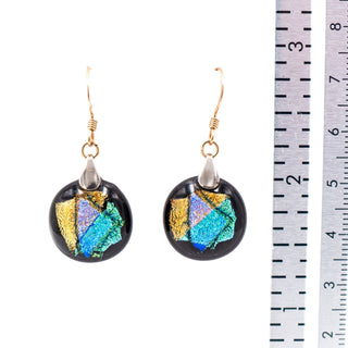 14K Yellow Gold Filled Dichroic Art Glass Dangle Earrings 1 1/2 Inch Artisan Drops