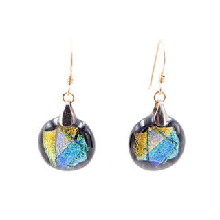 14K Yellow Gold Filled Dichroic Art Glass Dangle Earrings 1 1/2 Inch Artisan Drops