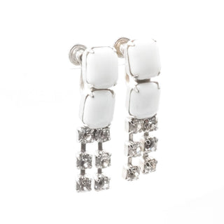 Vintage Milk Glass Rhinestone Drop Clip On Earrings White Glass Dangle 1.5”