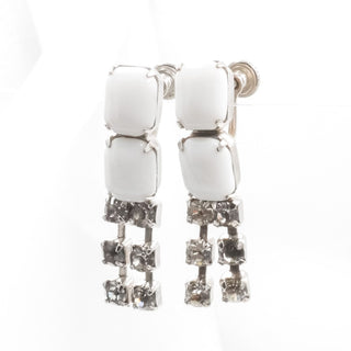 Vintage Milk Glass Rhinestone Drop Clip On Earrings White Glass Dangle 1.5”
