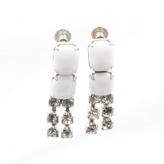 Vintage Milk Glass Rhinestone Drop Clip On Earrings White Glass Dangle 1.5”