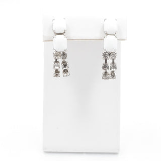 Vintage Milk Glass Rhinestone Drop Clip On Earrings White Glass Dangle 1.5”