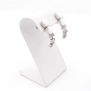 Vintage Milk Glass Rhinestone Drop Clip On Earrings White Glass Dangle 1.5”