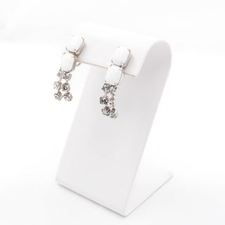 Vintage Milk Glass Rhinestone Drop Clip On Earrings White Glass Dangle 1.5”