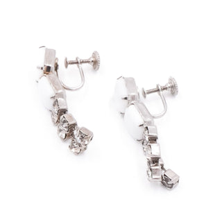 Vintage Milk Glass Rhinestone Drop Clip On Earrings White Glass Dangle 1.5”