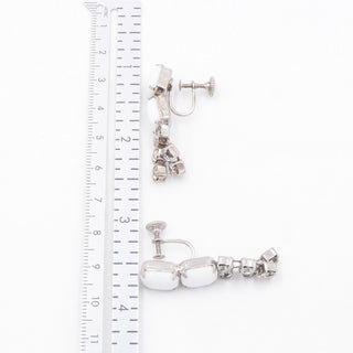 Vintage Milk Glass Rhinestone Drop Clip On Earrings White Glass Dangle 1.5”