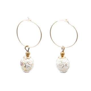 14K Gold Filled White Cloisonné Floral Bead 1.5 Inch Dangle Earrings