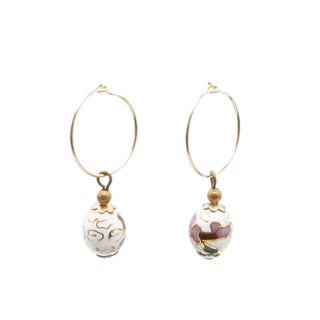 14K Gold Filled White Cloisonné Floral Bead 1.5 Inch Dangle Earrings
