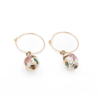 14K Gold Filled White Cloisonné Floral Bead 1.5 Inch Dangle Earrings